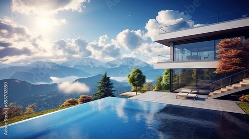 Contemporary villa with mountainous and sky scenery © vxnaghiyev