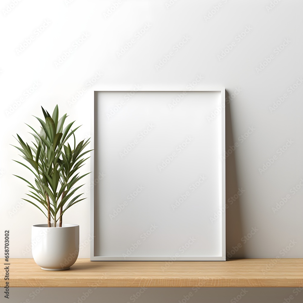 Mockup white poster frame close up on white wall, minimalistic. Modern Room interior, green plant Generative AI Mockup white poster frame close up on white wall, minimalistic. Modern Room interior, green plant Generative AI