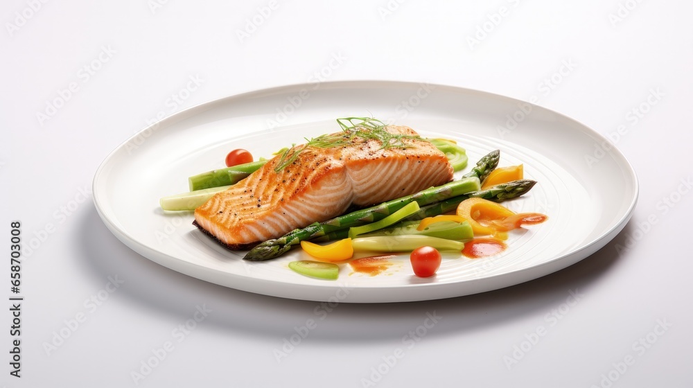 Grilled salmon and vegetables on a white plate Grilled salmon and vegetables on a white plate