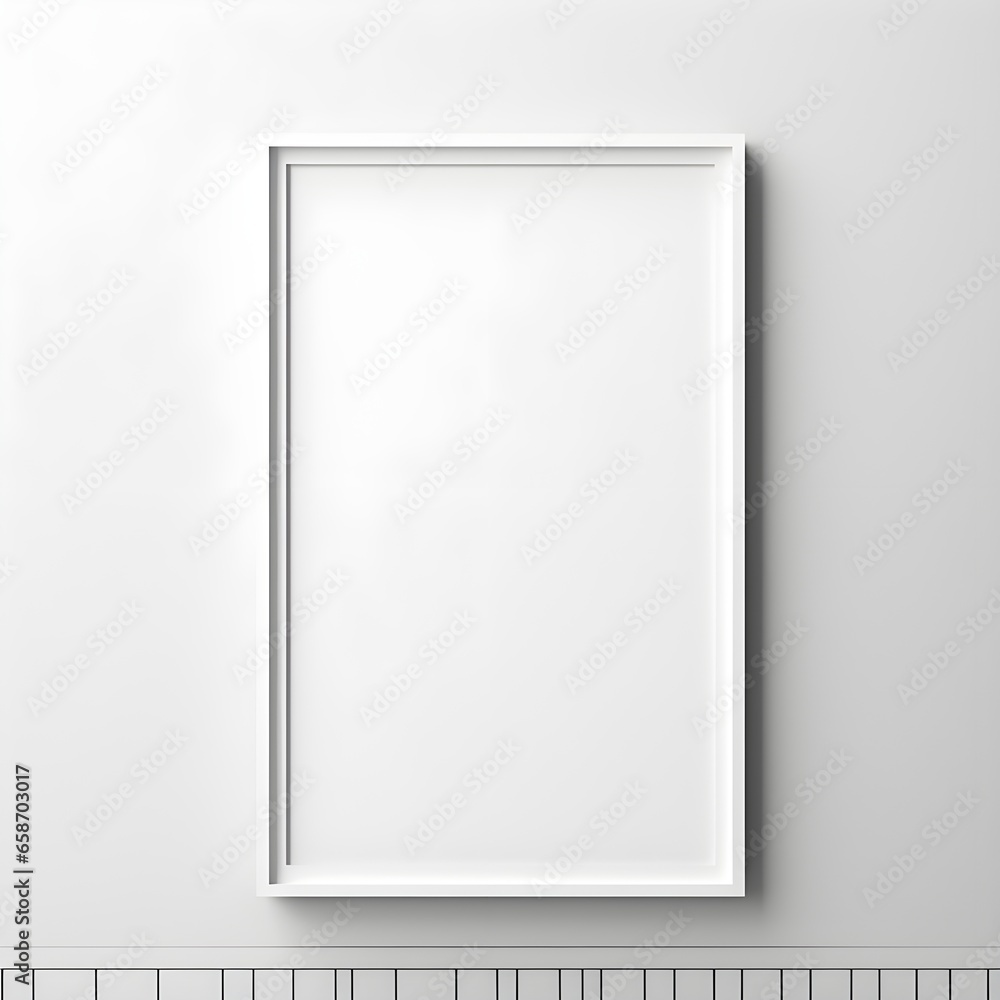 Mockup white poster frame close up on white wall, minimalistic. Modern Room interior, Generative AI 