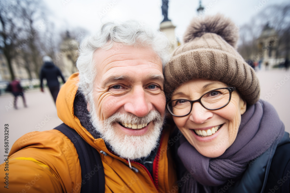Happy senior couple smiling at camera outdoors, taking selfie picture with smartphone, life style concept with pensioners having fun together on winter holiday in Paris Happy senior couple smiling at camera outdoors, taking selfie picture with smartphone, life style concept with pensioners having fun together on winter holiday in Paris