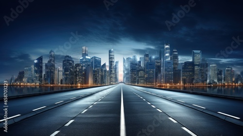 Fotografia, Obraz Illuminated city at night with a modern road ahead