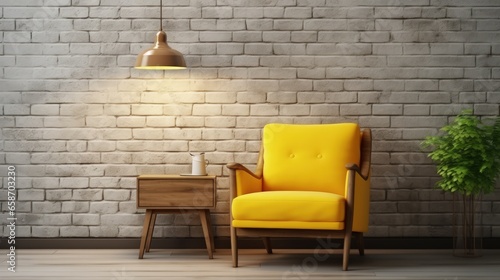 Loft style living room with yellow armchair on wooden wall background