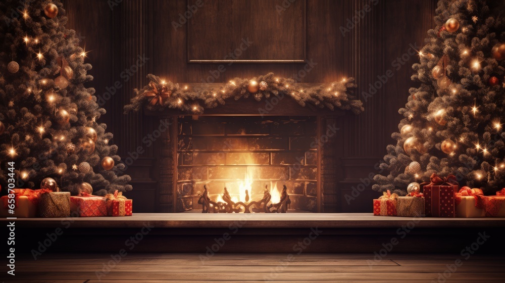 Christmas themed background with empty wooden table decorated fireplace and tree space for text