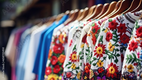 Close up of ethnic textile designs on embroidered traditional shirts of Ukrainian slavic women and men showcased at an outdoor flea market in Lviv Ukraine