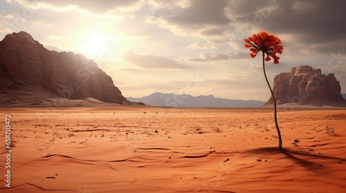 Conceptual wallpaper background featuring a solitary desert flower in Wadi Rum Jordan