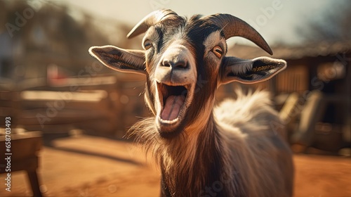 Fototapeta Naklejka Na Ścianę i Meble -  Adorable black and brown goat singing outside in a farm zoo or park