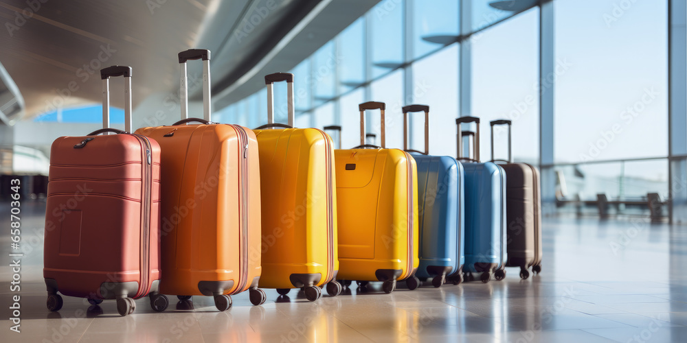 This wide banner showcases a lineup of luggage suitcases in an airport setting, offering a generous area for illustrating vacation and holiday travel ideas. This wide banner showcases a lineup of luggage suitcases in an airport setting, offering a generous area for illustrating vacation and holiday travel ideas.