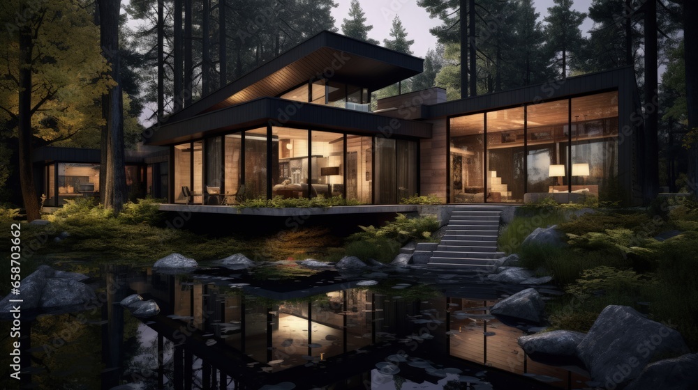 Illustration of a wooded villa rendered in 3D Illustration of a wooded villa rendered in 3D