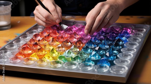 Creating and gathering acrylic multicolored square rhinestones for 3D paintings manually