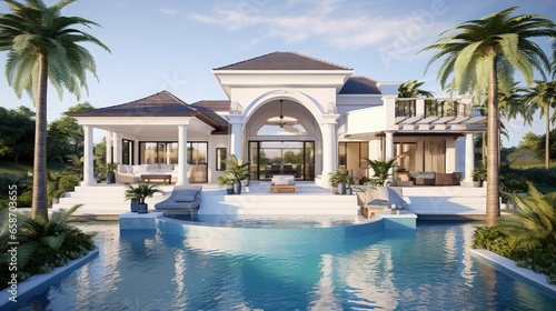 Luxurious decor house with large pool pergola palm trees and whirlpool 3D illustration