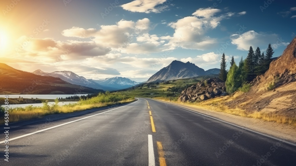 Fototapeta premium European mountain highway with a perfect asphalt road rocks sunny sky clouds and vintage toning