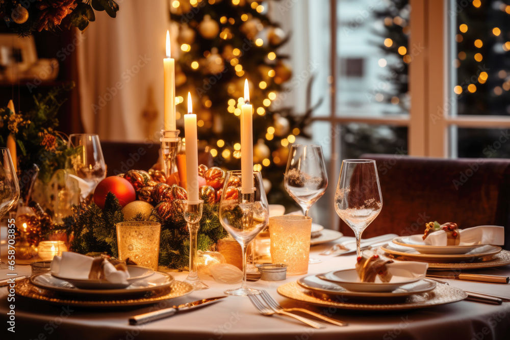 Christmas dinner table setting in beautiful warm cozy home, festive atmosphere with Christmas decorations and Christmas lights Christmas dinner table setting in beautiful warm cozy home, festive atmosphere with Christmas decorations and Christmas lights