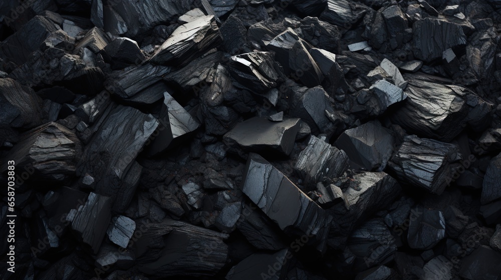 Closeup view of a pile of dark coal showing mineral deposits Closeup view of a pile of dark coal showing mineral deposits