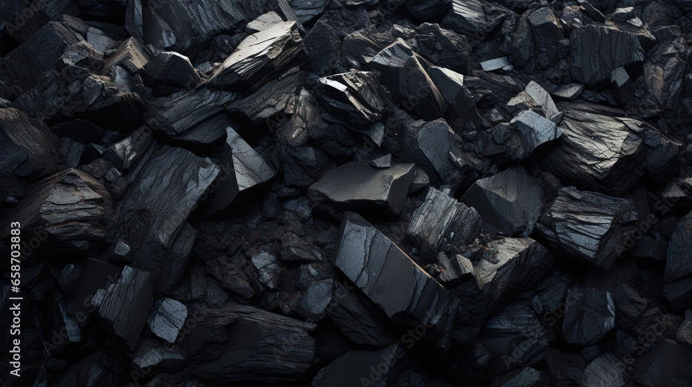 Closeup view of a pile of dark coal showing mineral deposits