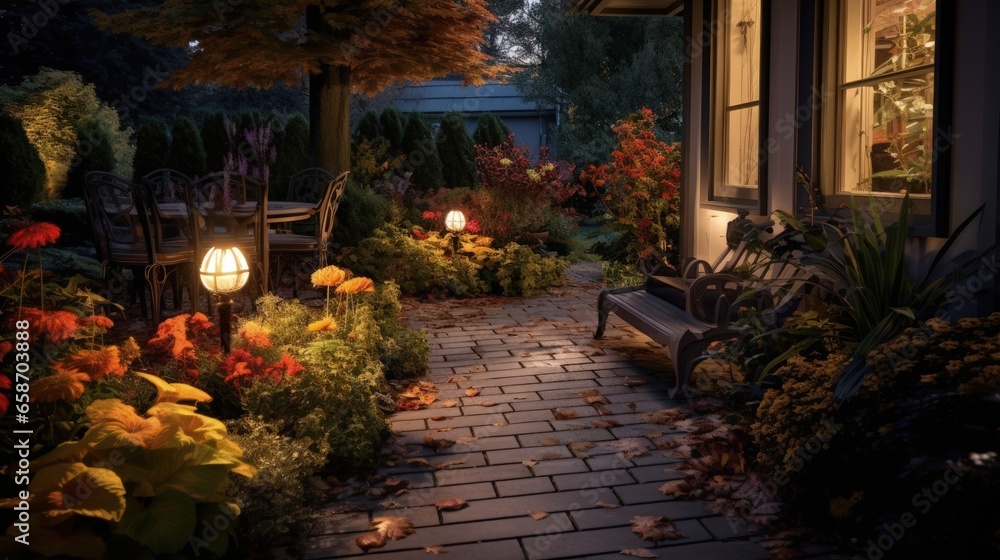 Fototapeta premium Glowing autumn garden path with lit patio lights and plants at dusk