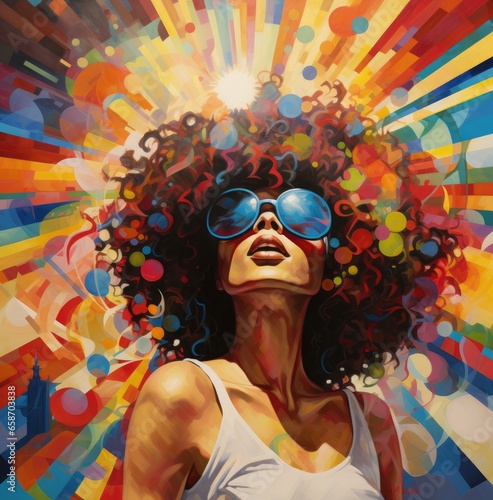 A woman wearing sunglasses in a vibrant and modern painting