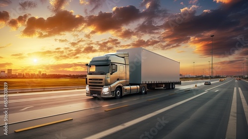 Container truck cargo ship and cargo plane in transportation industry with logistics background on road and sunset sky © vxnaghiyev