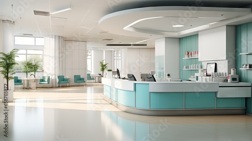 3D visualization of a hospital s interior with an entrance and reception desk at the clinic