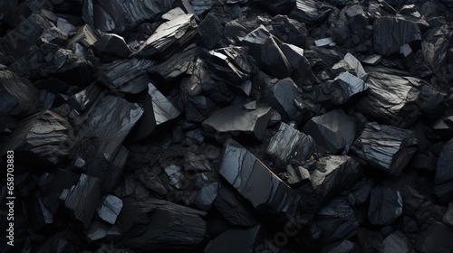 Closeup view of a pile of dark coal showing mineral deposits