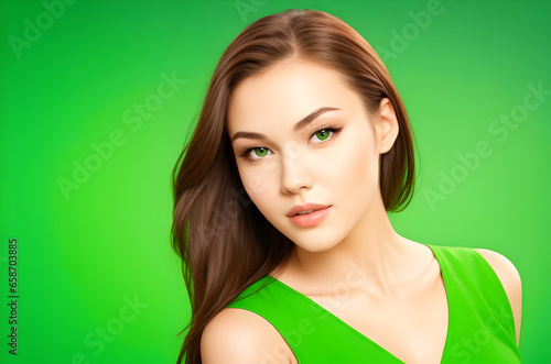 green-themed female professional pose for herbal cosmetic ad or beauty products advertisement