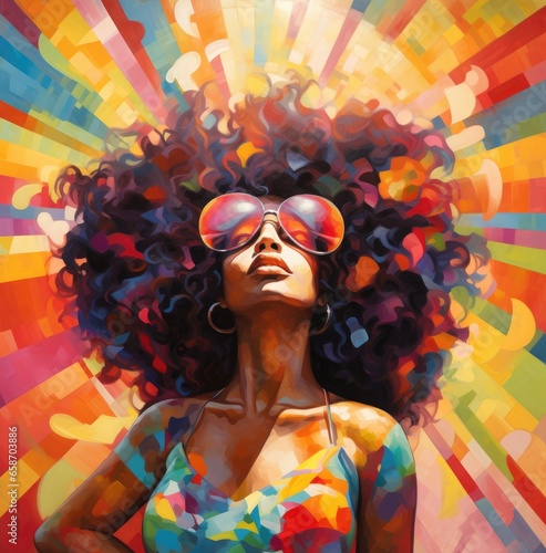 A woman wearing sunglasses in a vibrant painting
