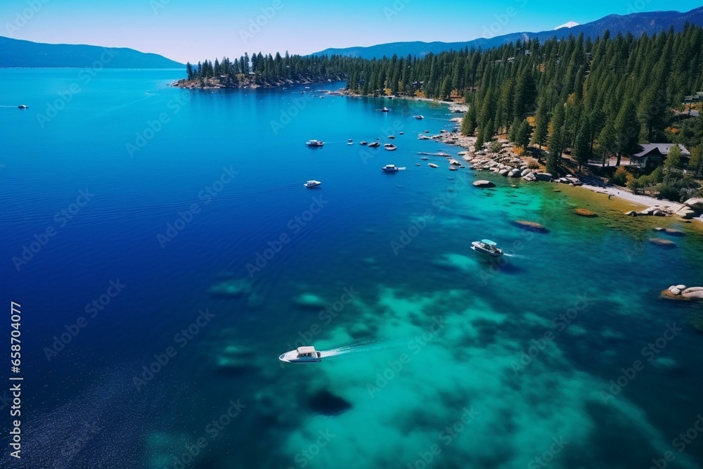 Aerial footage of a boat sailing on the picturesque waters of Lake Tahoe, California. Generative AI
