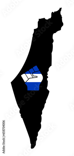 Strong Israel. Raised fist on blue and white Israeli national colour in map. Freedom and support Israeli nation. Patriotic spirit - rising human hand. War between militants Hamas and peace Israel