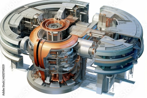 Cutaway of tokamak fusion reactor on white background. Generative AI