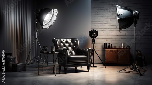 Modern photo studio with armchair and professional equipment inside