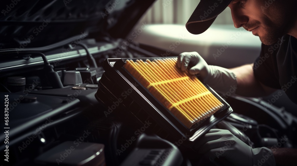 Maintaining car care service by checking cleaning and replacing car air filters - obrazy, fototapety, plakaty 