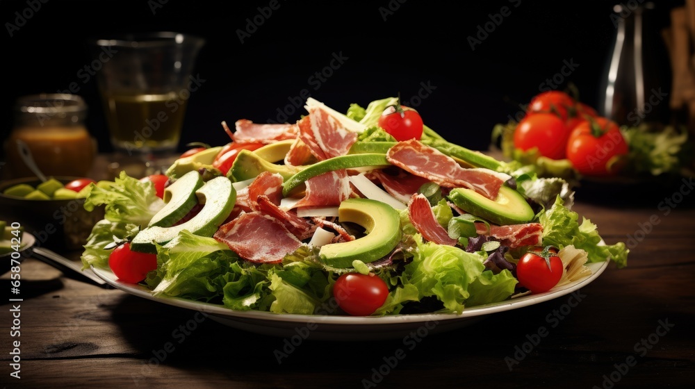 Healthy lunch consisting of avocado salad leaves serrano ham and tomatoes on a green salad