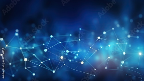 Abstract technology network with connected line dots on blue polygon background