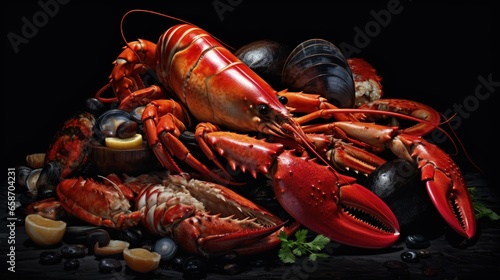Lobster crab and jumbo shrimp on dark background for dinner