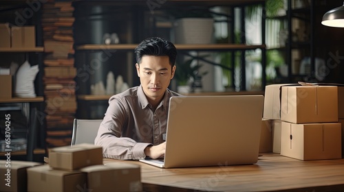 Asian SME owner working remotely with boxes and laptops starting an online business and delivering goods