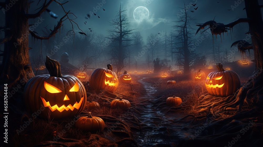 Burning pumpkins in dark forest Halloween backdrop
