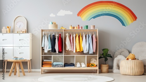 Montessori inspired nursery with clothing options and storage ideas