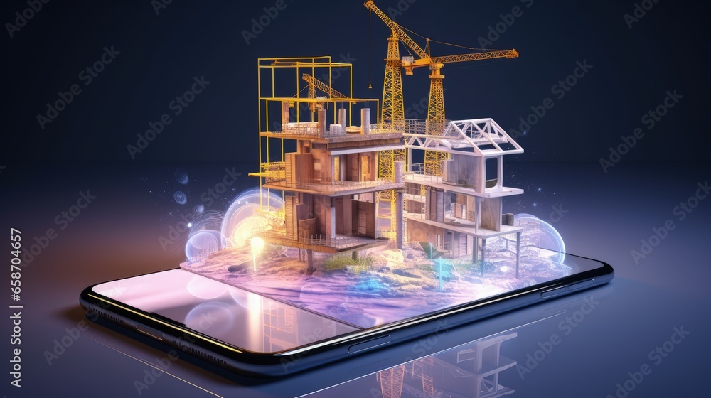 AR website poster or landing page design with isometric view of construction building home and hospital resembling a mobile app in a smartphone - obrazy, fototapety, plakaty 