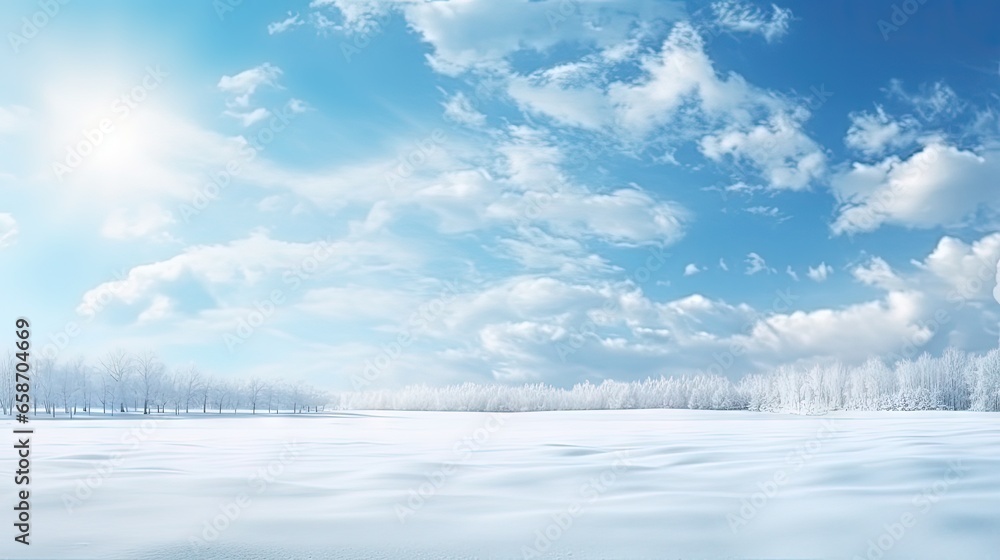 Fototapeta premium Bright snowy winter landscape with empty field space for display against a light blue icy sky