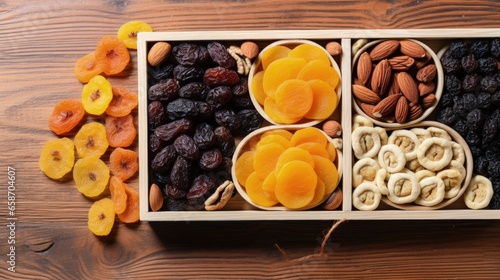 Assorted dried fruits on a wooden background representing Tu B Shvat holiday photo