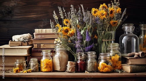 Assorted dried herbs flowers plants books on a wooden table Alternative medicine