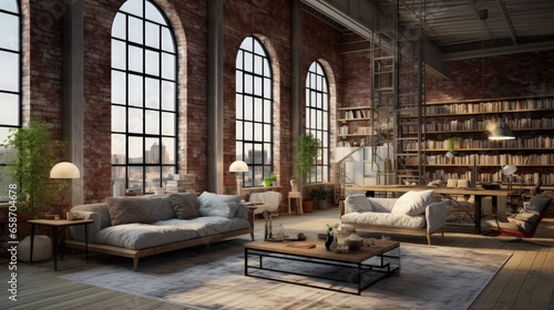 3D render of industrial style loft apartment