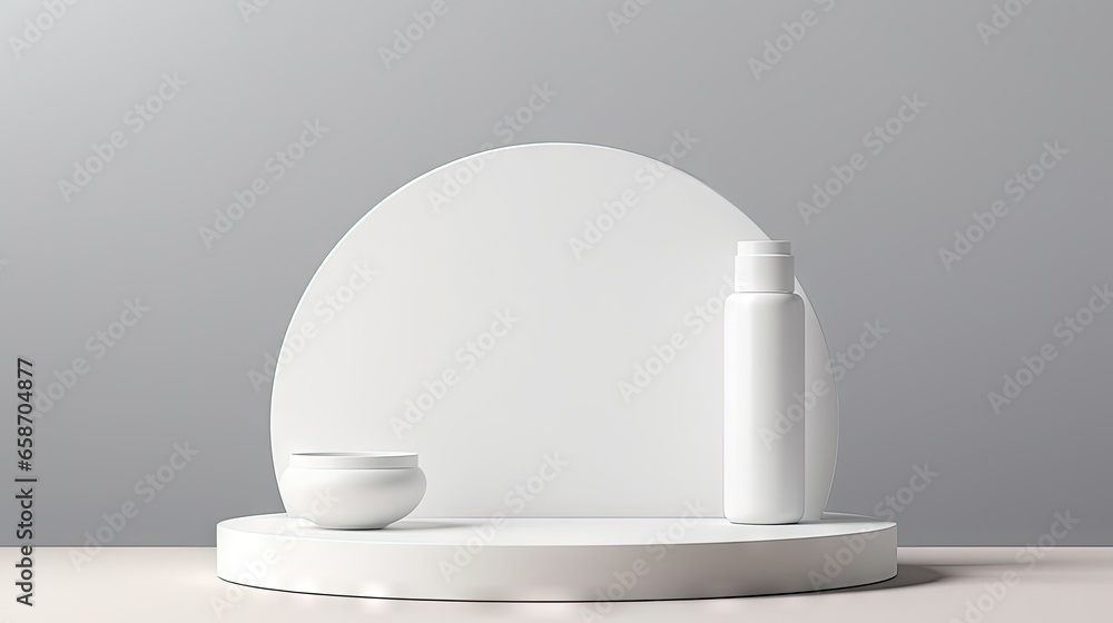3D rendering of white cylindrical podiums with matte glass walls on a white cloth background used for displaying cosmetic products 3D rendering of white cylindrical podiums with matte glass walls on a white cloth background used for displaying cosmetic products