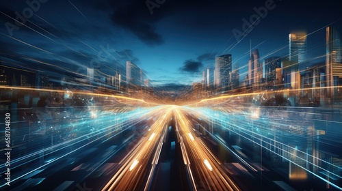 Digital data flow on road in concept of cyber global communication with fast speed transfer and agile digital transformation