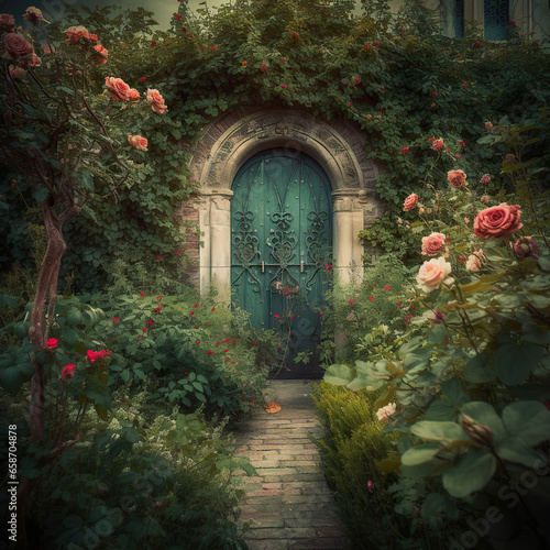 Romantic Rose Bush Adorning a Blue Door old door door with flowers