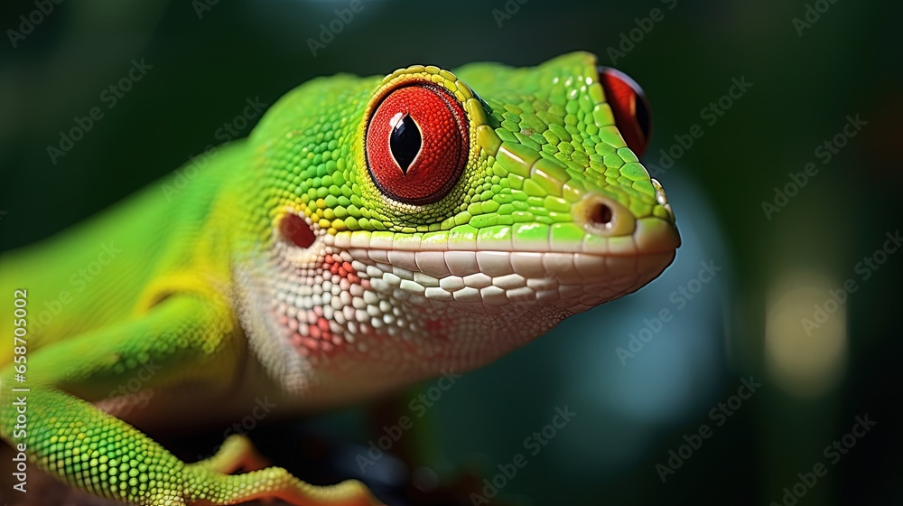 Fototapeta premium Closeup of a beautiful Madagascar giant day gecko on a dry bud