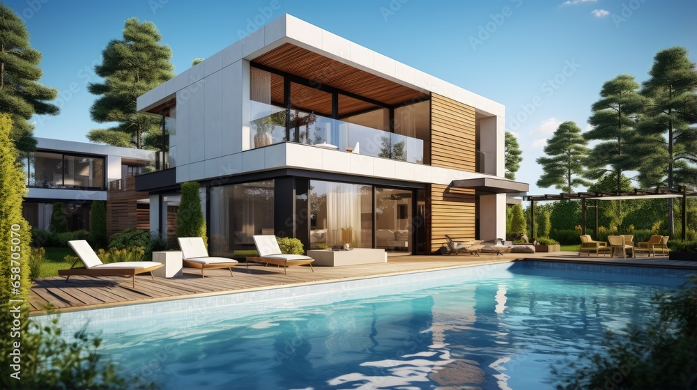 Fototapeta premium 3D rendering of a modern house with parking and pool available for sale or rent featuring a wooden facade and attractive landscaping set against a sunny blue sky