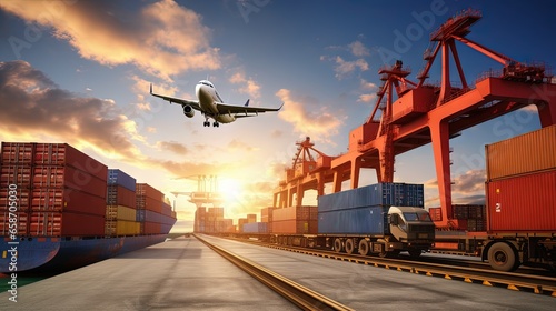 Logistics industry background with container trains cargo ships at ports and planes for transportation