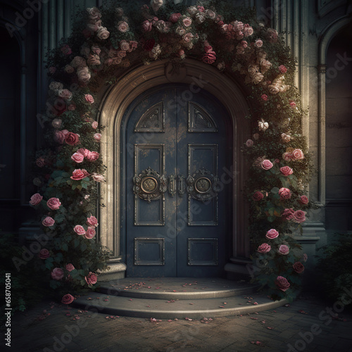 Romantic Rose Bush Adorning a Blue Door,old door,door with flowers