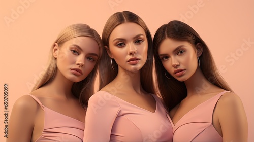 3D modern young girls grouped together on a peach background